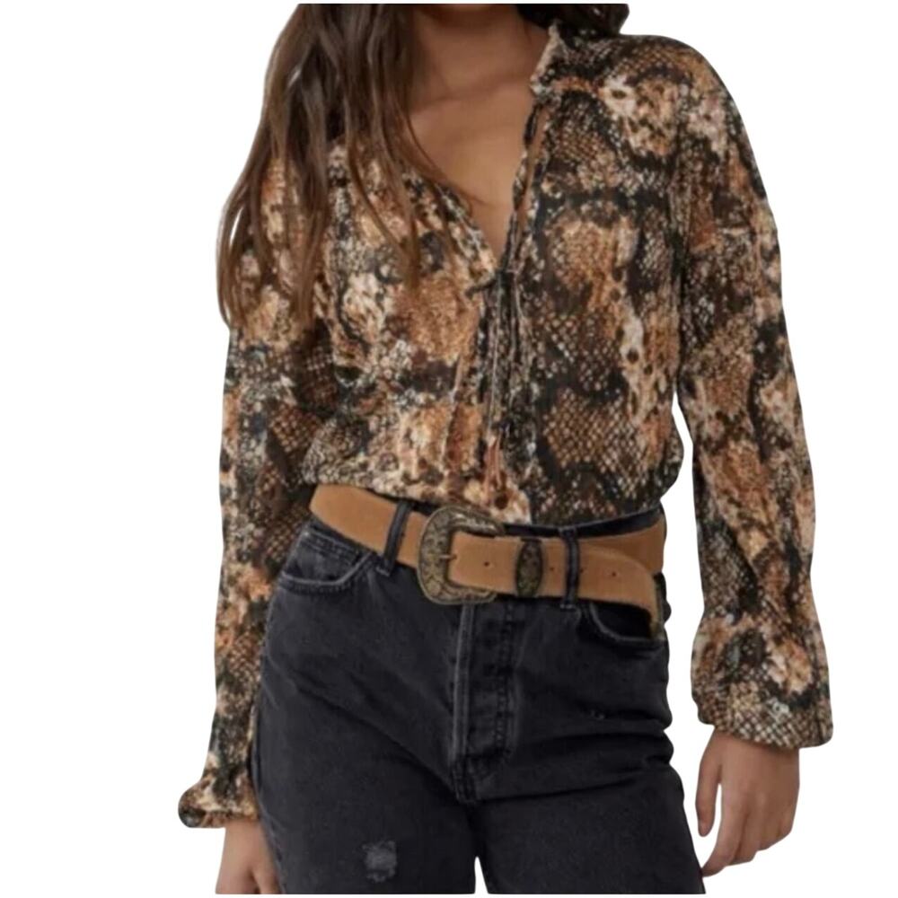FREE PEOPLE Out for the Night Boho Black Multi Snake Print Lace Top